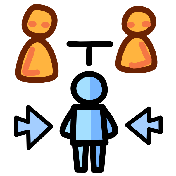 2 simple yellow figures have a horizontal line between them. Attached in the center to the line is a vertical line pointing down at a blue figure with a rectangle shaped body. Half of the figure is a lighter blue than the other half. Two blue arrows point at the figure from either side. The image has dark line art.